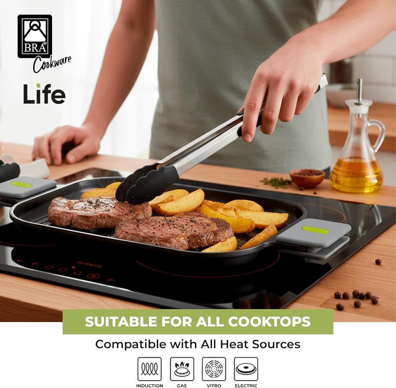BRA COOKWARE Life Ceramic Nonstick Grill | 12.6 x 9.4 Inch Recycled Cast Aluminum Smooth Plate | Ceramic Non-Stick | Ceramic Non-Stick Coating | PFOA Free | All Cooktops| Removable Handles - Image 5